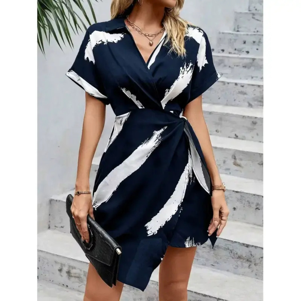 ZARA Square Neck Printed Short Sleeve Tie Waist Office Mini Dress